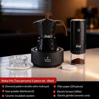 BINCOO Two-Valve Moka Pot with Electric Stove Set Home Coffee Maker with Grinder Set Espresso Machine Set for Office and Outdoor 2Cups