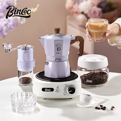 BINCOO Purple Double-Valve Moka Pot with Grinder Set Home Italian Espresso Maker Compact Coffee Maker Set 2Cups
