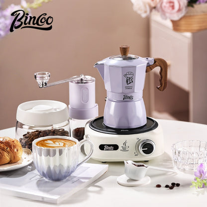 BINCOO Purple Double-Valve Moka Pot with Grinder Set Home Italian Espresso Maker Compact Coffee Maker Set 2Cups
