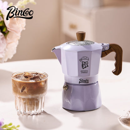 BINCOO Purple Double-Valve Moka Pot with Grinder Set Home Italian Espresso Maker Compact Coffee Maker Set 2Cups