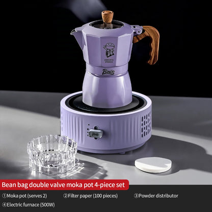 BINCOO Purple Double-Valve Moka Pot with Grinder Set Home Italian Espresso Maker Compact Coffee Maker Set 2Cups