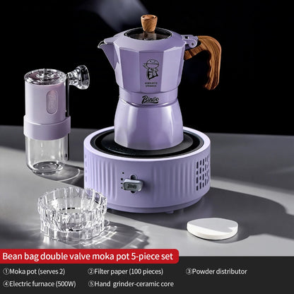 BINCOO Purple Double-Valve Moka Pot with Grinder Set Home Italian Espresso Maker Compact Coffee Maker Set 2Cups