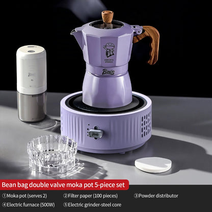 BINCOO Purple Double-Valve Moka Pot with Grinder Set Home Italian Espresso Maker Compact Coffee Maker Set 2Cups