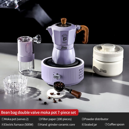 BINCOO Purple Double-Valve Moka Pot with Grinder Set Home Italian Espresso Maker Compact Coffee Maker Set 2Cups