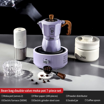 BINCOO Purple Double-Valve Moka Pot with Grinder Set Home Italian Espresso Maker Compact Coffee Maker Set 2Cups