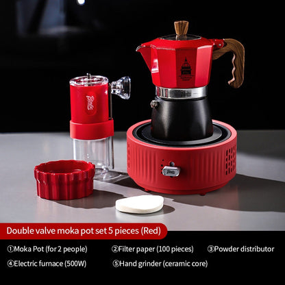 BINCOO Dual-valve Moka Pot Set with Portable Electric Stove, Household Mini Espresso Coffee Maker Kit 2Cups