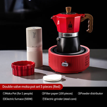 BINCOO Dual-valve Moka Pot Set with Portable Electric Stove, Household Mini Espresso Coffee Maker Kit 2Cups