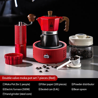 BINCOO Dual-valve Moka Pot Set with Portable Electric Stove, Household Mini Espresso Coffee Maker Kit 2Cups
