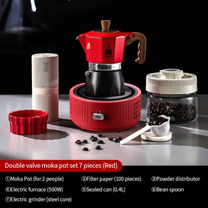 BINCOO Dual-valve Moka Pot Set with Portable Electric Stove, Household Mini Espresso Coffee Maker Kit 2Cups