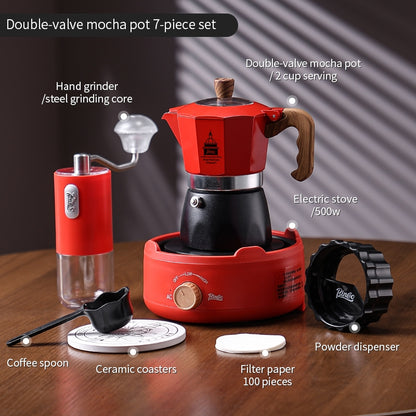 BINCOO Double-valve Moka Pot Set with Home Mini Electric Stove Coffee Maker Italian Espresso Hand Grinder Coffee Set