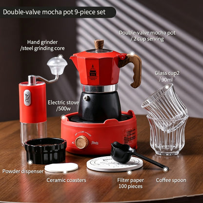BINCOO Double-valve Moka Pot Set with Home Mini Electric Stove Coffee Maker Italian Espresso Hand Grinder Coffee Set