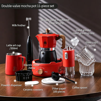 BINCOO Double-valve Moka Pot Set with Home Mini Electric Stove Coffee Maker Italian Espresso Hand Grinder Coffee Set