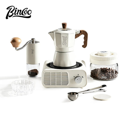 BINCOO Dual Valve Moka Pot with Electric Stove Set Home Coffee Maker Manual Coffee Grinder Italian Espresso Extraction Coffee Utensil Set 2Cups/4Cups