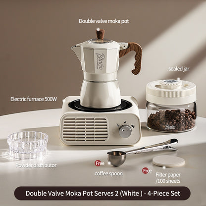 BINCOO Dual Valve Moka Pot with Electric Stove Set Home Coffee Maker Manual Coffee Grinder Italian Espresso Extraction Coffee Utensil Set 2Cups/4Cups
