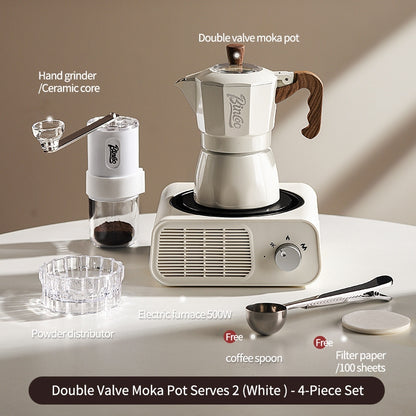 BINCOO Dual Valve Moka Pot with Electric Stove Set Home Coffee Maker Manual Coffee Grinder Italian Espresso Extraction Coffee Utensil Set 2Cups/4Cups