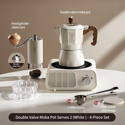 BINCOO Dual Valve Moka Pot with Electric Stove Set Home Coffee Maker Manual Coffee Grinder Italian Espresso Extraction Coffee Utensil Set 2Cups/4Cups