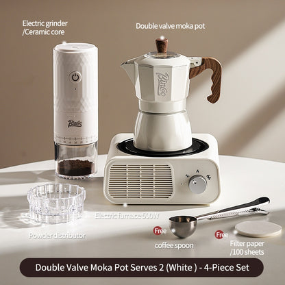 BINCOO Dual Valve Moka Pot with Electric Stove Set Home Coffee Maker Manual Coffee Grinder Italian Espresso Extraction Coffee Utensil Set 2Cups/4Cups