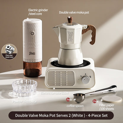 BINCOO Dual Valve Moka Pot with Electric Stove Set Home Coffee Maker Manual Coffee Grinder Italian Espresso Extraction Coffee Utensil Set 2Cups/4Cups