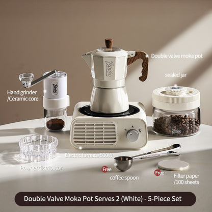 BINCOO Dual Valve Moka Pot with Electric Stove Set Home Coffee Maker Manual Coffee Grinder Italian Espresso Extraction Coffee Utensil Set 2Cups/4Cups
