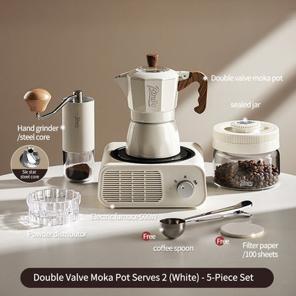 BINCOO Dual Valve Moka Pot with Electric Stove Set Home Coffee Maker Manual Coffee Grinder Italian Espresso Extraction Coffee Utensil Set 2Cups/4Cups