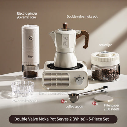 BINCOO Dual Valve Moka Pot with Electric Stove Set Home Coffee Maker Manual Coffee Grinder Italian Espresso Extraction Coffee Utensil Set 2Cups/4Cups