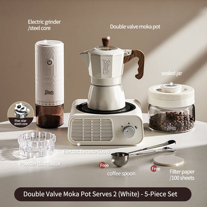 BINCOO Dual Valve Moka Pot with Electric Stove Set Home Coffee Maker Manual Coffee Grinder Italian Espresso Extraction Coffee Utensil Set 2Cups/4Cups