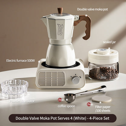 BINCOO Dual Valve Moka Pot with Electric Stove Set Home Coffee Maker Manual Coffee Grinder Italian Espresso Extraction Coffee Utensil Set 2Cups/4Cups