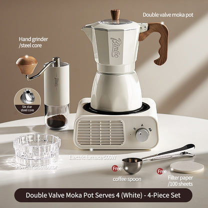BINCOO Dual Valve Moka Pot with Electric Stove Set Home Coffee Maker Manual Coffee Grinder Italian Espresso Extraction Coffee Utensil Set 2Cups/4Cups
