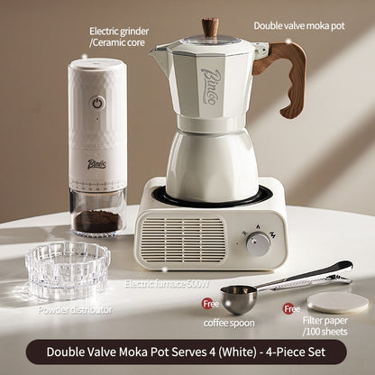 BINCOO Dual Valve Moka Pot with Electric Stove Set Home Coffee Maker Manual Coffee Grinder Italian Espresso Extraction Coffee Utensil Set 2Cups/4Cups