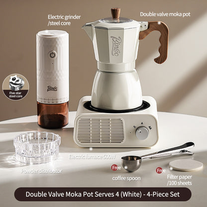 BINCOO Dual Valve Moka Pot with Electric Stove Set Home Coffee Maker Manual Coffee Grinder Italian Espresso Extraction Coffee Utensil Set 2Cups/4Cups