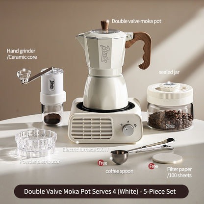 BINCOO Dual Valve Moka Pot with Electric Stove Set Home Coffee Maker Manual Coffee Grinder Italian Espresso Extraction Coffee Utensil Set 2Cups/4Cups