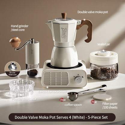 BINCOO Dual Valve Moka Pot with Electric Stove Set Home Coffee Maker Manual Coffee Grinder Italian Espresso Extraction Coffee Utensil Set 2Cups/4Cups