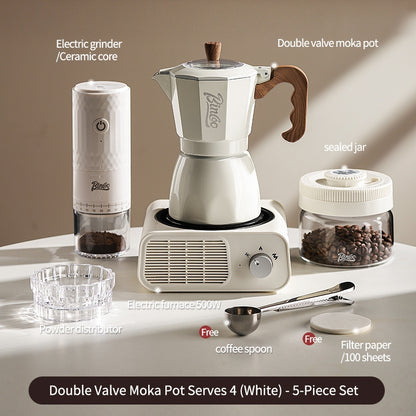 BINCOO Dual Valve Moka Pot with Electric Stove Set Home Coffee Maker Manual Coffee Grinder Italian Espresso Extraction Coffee Utensil Set 2Cups/4Cups