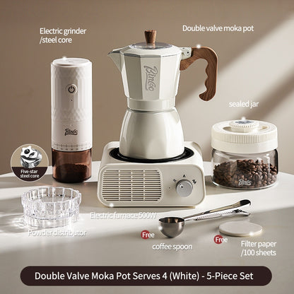 BINCOO Dual Valve Moka Pot with Electric Stove Set Home Coffee Maker Manual Coffee Grinder Italian Espresso Extraction Coffee Utensil Set 2Cups/4Cups