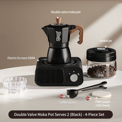 BINCOO Dual Valve Moka Pot with Electric Stove Set Home Coffee Maker Manual Coffee Grinder Italian Espresso Extraction Coffee Utensil Set 2Cups/4Cups