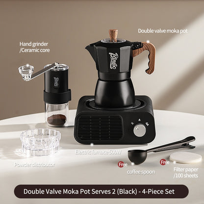 BINCOO Dual Valve Moka Pot with Electric Stove Set Home Coffee Maker Manual Coffee Grinder Italian Espresso Extraction Coffee Utensil Set 2Cups/4Cups