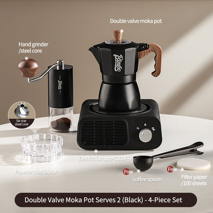 BINCOO Dual Valve Moka Pot with Electric Stove Set Home Coffee Maker Manual Coffee Grinder Italian Espresso Extraction Coffee Utensil Set 2Cups/4Cups