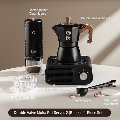 BINCOO Dual Valve Moka Pot with Electric Stove Set Home Coffee Maker Manual Coffee Grinder Italian Espresso Extraction Coffee Utensil Set 2Cups/4Cups