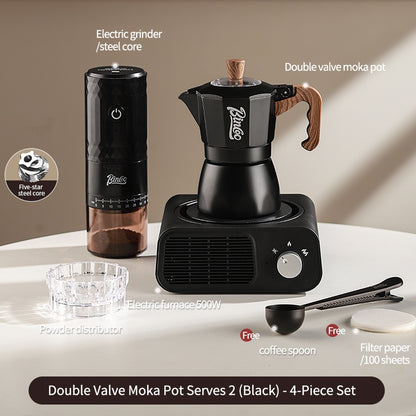 BINCOO Dual Valve Moka Pot with Electric Stove Set Home Coffee Maker Manual Coffee Grinder Italian Espresso Extraction Coffee Utensil Set 2Cups/4Cups