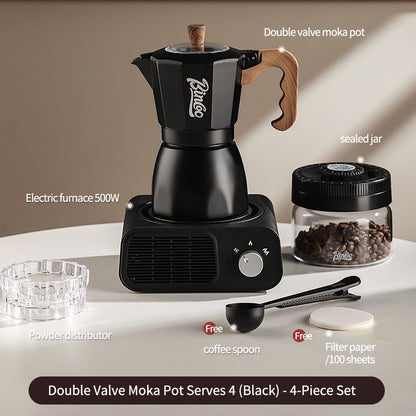 BINCOO Dual Valve Moka Pot with Electric Stove Set Home Coffee Maker Manual Coffee Grinder Italian Espresso Extraction Coffee Utensil Set 2Cups/4Cups