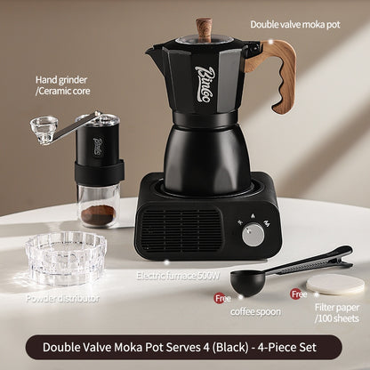 BINCOO Dual Valve Moka Pot with Electric Stove Set Home Coffee Maker Manual Coffee Grinder Italian Espresso Extraction Coffee Utensil Set 2Cups/4Cups
