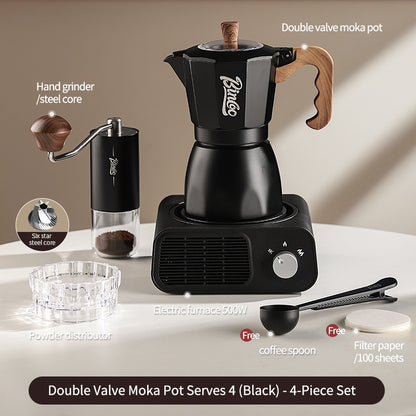 BINCOO Dual Valve Moka Pot with Electric Stove Set Home Coffee Maker Manual Coffee Grinder Italian Espresso Extraction Coffee Utensil Set 2Cups/4Cups