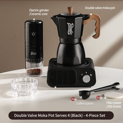 BINCOO Dual Valve Moka Pot with Electric Stove Set Home Coffee Maker Manual Coffee Grinder Italian Espresso Extraction Coffee Utensil Set 2Cups/4Cups