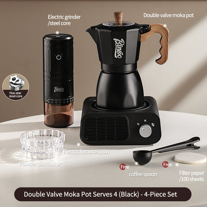 BINCOO Dual Valve Moka Pot with Electric Stove Set Home Coffee Maker Manual Coffee Grinder Italian Espresso Extraction Coffee Utensil Set 2Cups/4Cups