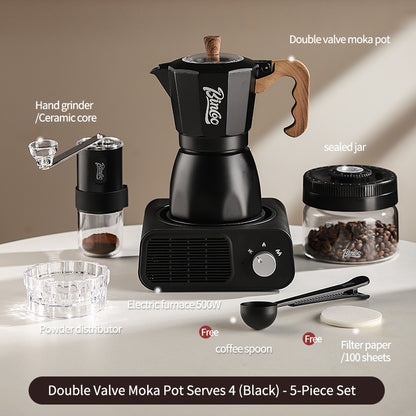 BINCOO Dual Valve Moka Pot with Electric Stove Set Home Coffee Maker Manual Coffee Grinder Italian Espresso Extraction Coffee Utensil Set 2Cups/4Cups