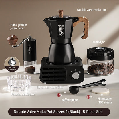 BINCOO Dual Valve Moka Pot with Electric Stove Set Home Coffee Maker Manual Coffee Grinder Italian Espresso Extraction Coffee Utensil Set 2Cups/4Cups