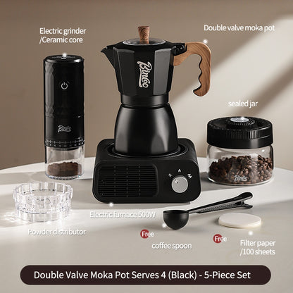 BINCOO Dual Valve Moka Pot with Electric Stove Set Home Coffee Maker Manual Coffee Grinder Italian Espresso Extraction Coffee Utensil Set 2Cups/4Cups