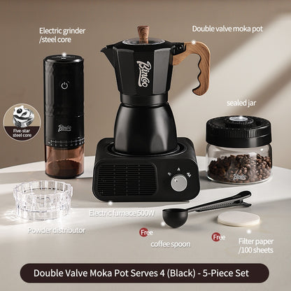BINCOO Dual Valve Moka Pot with Electric Stove Set Home Coffee Maker Manual Coffee Grinder Italian Espresso Extraction Coffee Utensil Set 2Cups/4Cups