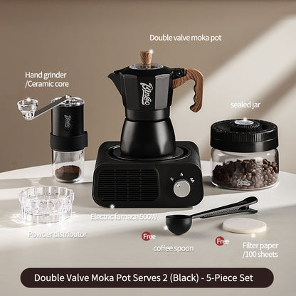 BINCOO Dual Valve Moka Pot with Electric Stove Set Home Coffee Maker Manual Coffee Grinder Italian Espresso Extraction Coffee Utensil Set 2Cups/4Cups
