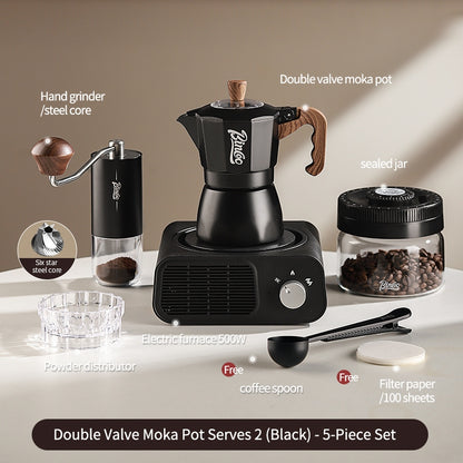 BINCOO Dual Valve Moka Pot with Electric Stove Set Home Coffee Maker Manual Coffee Grinder Italian Espresso Extraction Coffee Utensil Set 2Cups/4Cups